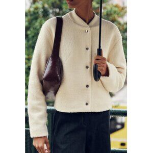 Zara Wool Blend Bomber Jacket Ecru Ivory Snap Button Elastic Hem Back Size L NWT